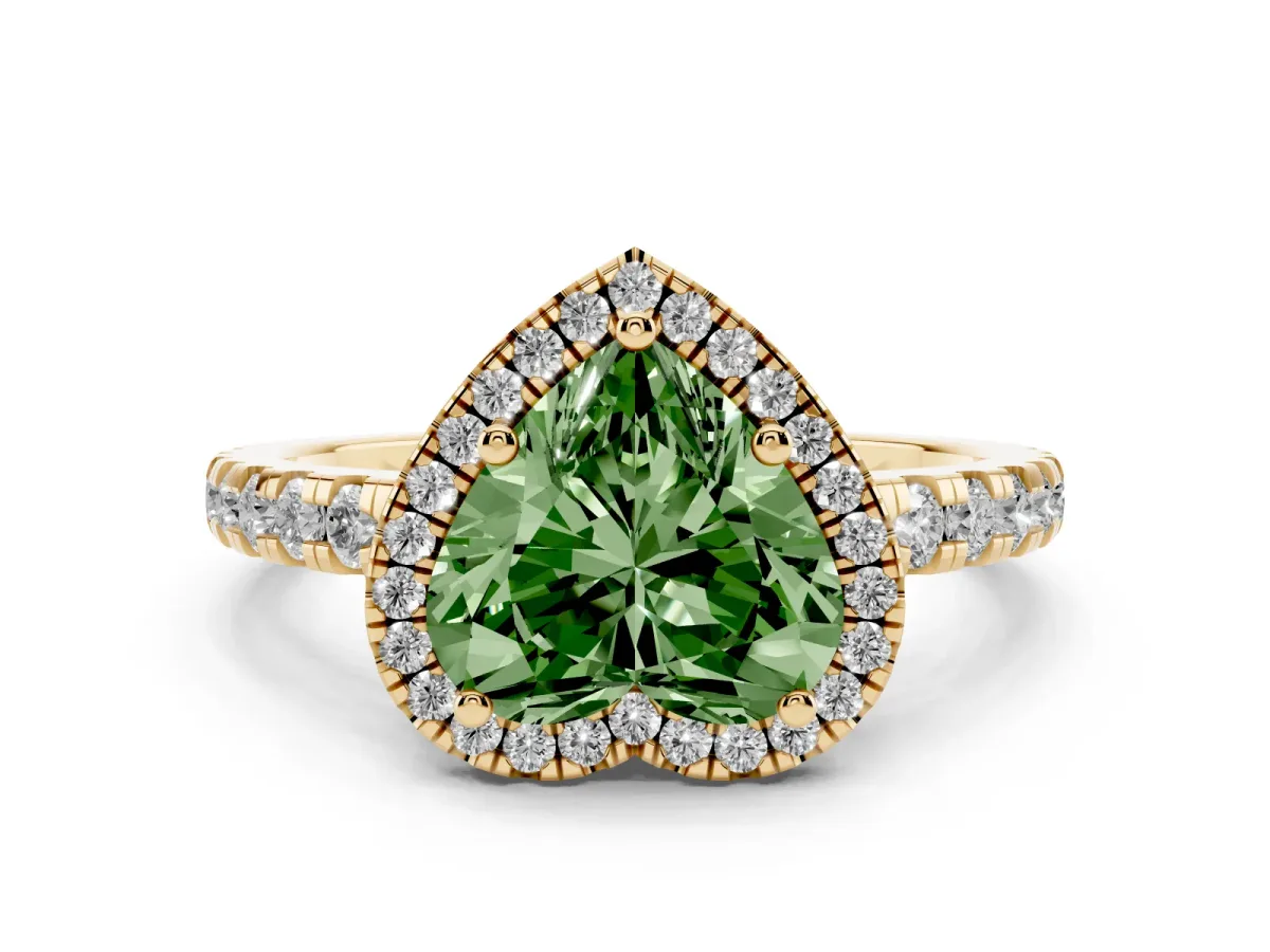 Fancy Green Heart Cut Diamond Halo Ring with Pavé Band and Four-Prong Setting Yellow gold