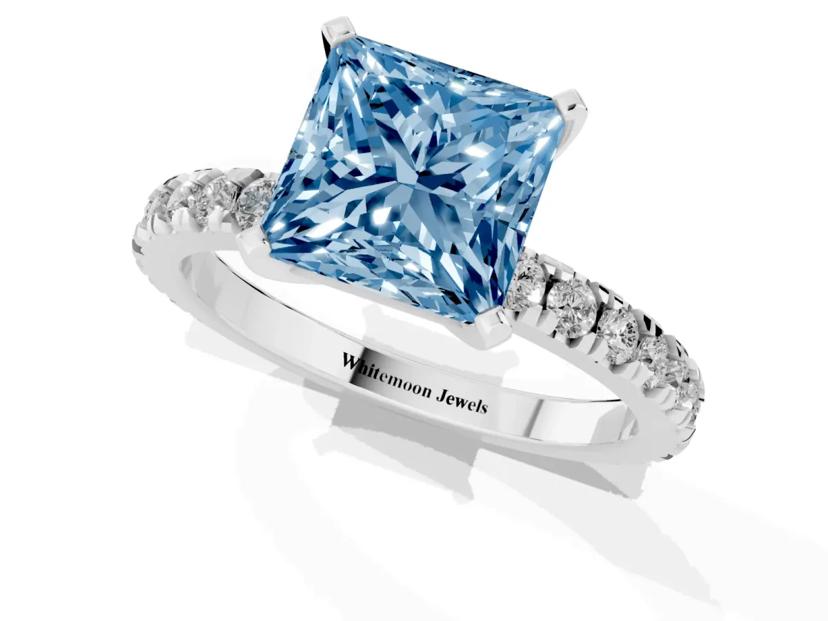 Fancy Blue Princess Cut Diamond Pavé Band Solitaire with Four-Prong Setting Platinum
