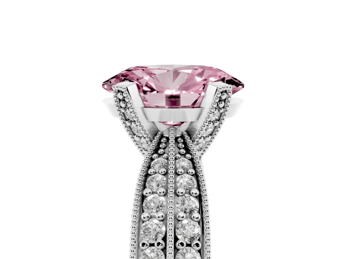 Fancy Pink Oval Cut Diamond Solitaire Ring with Milgrain Round Pavé Band and Prong Setting Silver