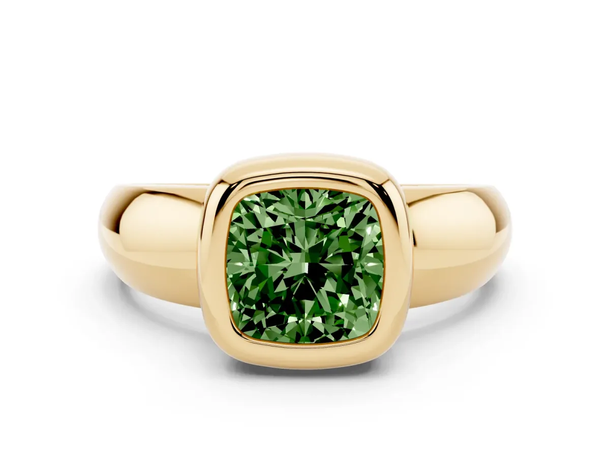 Fancy Green Bezel Set Cushion Cut Solitaire Ring with Wide Band Yellow gold