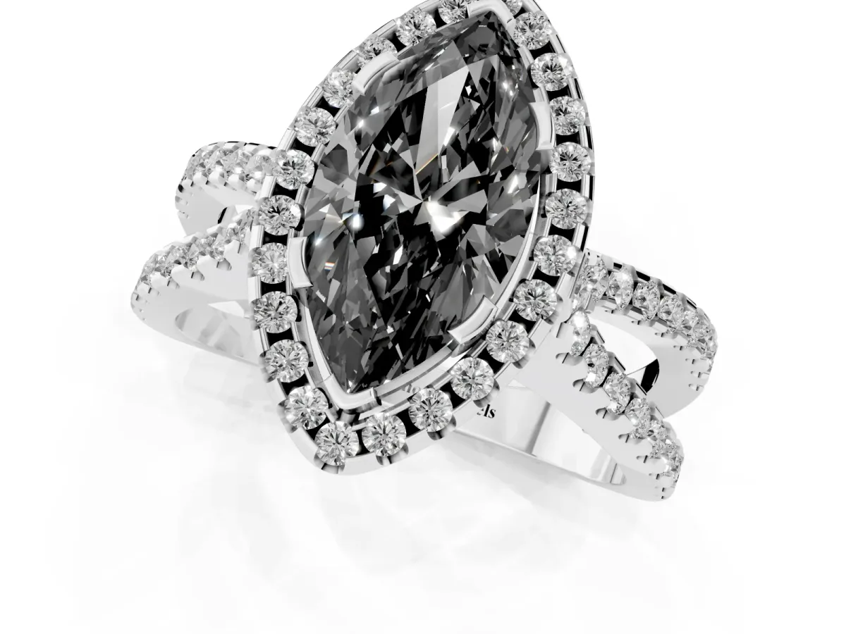 Fancy Black Marquise Cut Diamond Halo Ring with Split Shank Pavé Band and Prong Setting Silver