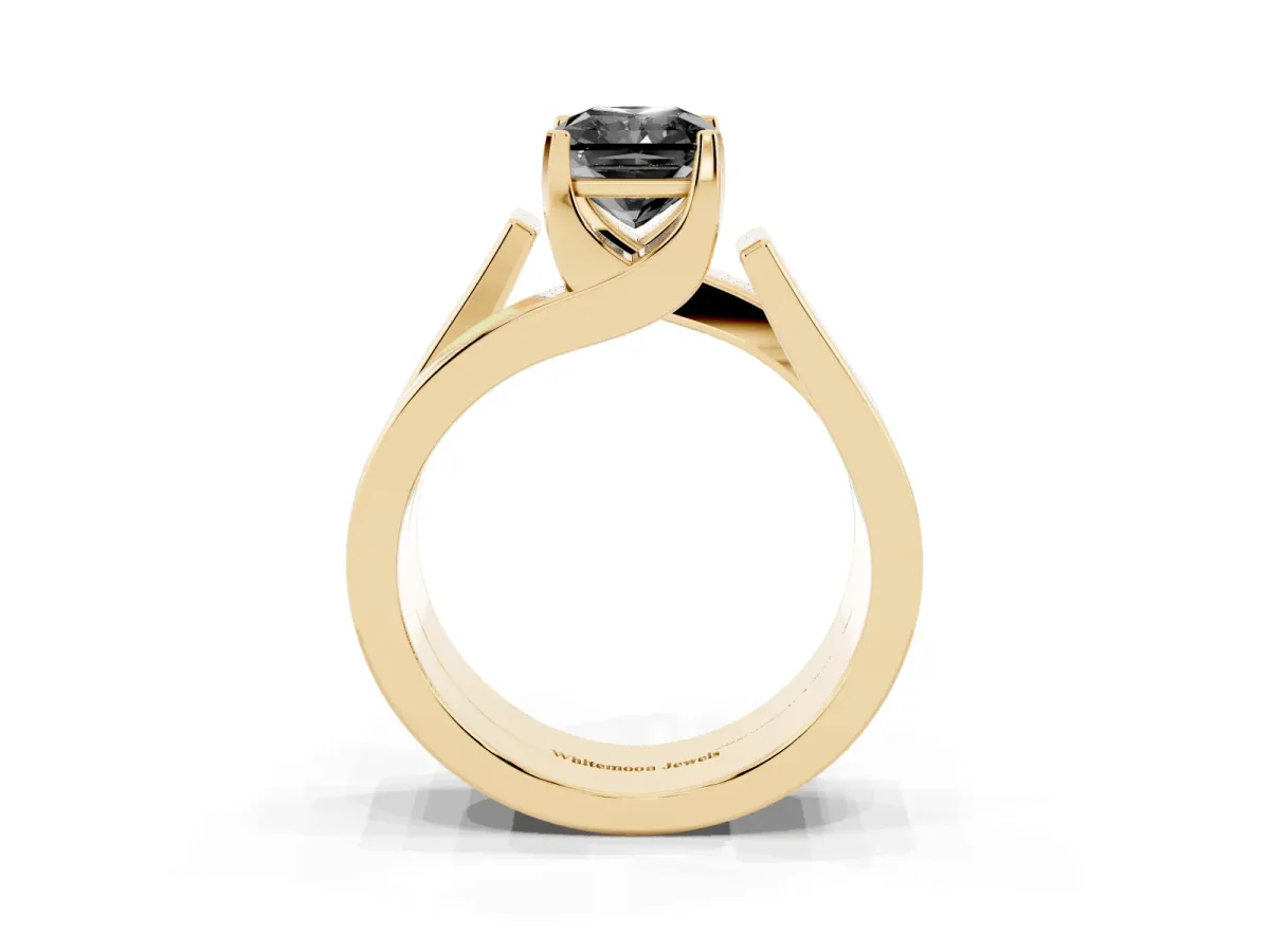 Fancy Black Modern Tension Set Radiant Cut Diamond Solitaire Wide Band Ring Yellow gold