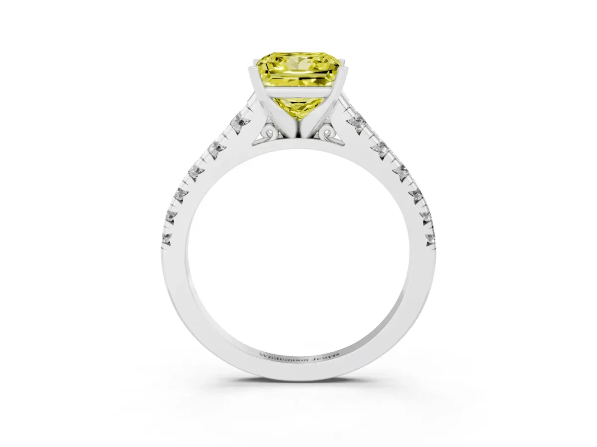 Fancy Yellow Princess Cut Diamond Cathedral Solitaire Ring with Round Pavé Band Silver