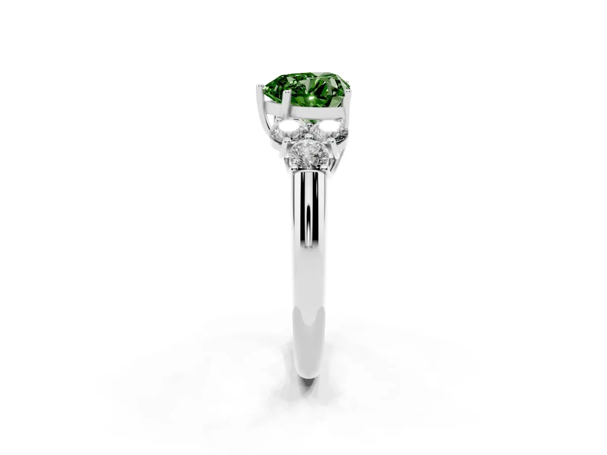 Fancy Green Heart Cut Cut Diamond Cluster Ring with Round Accent Stones and Prong Setting on a Classic Band White gold