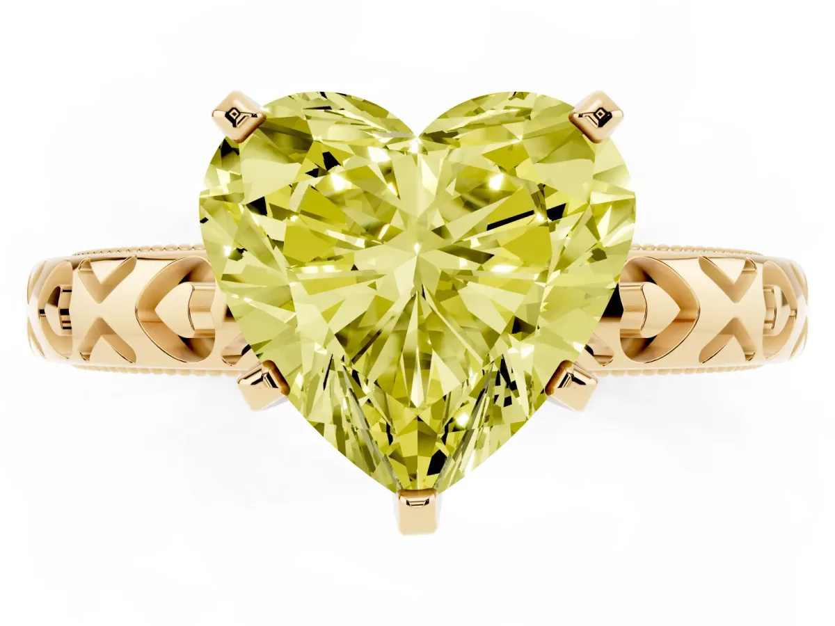 Fancy Yellow Heart Cut Solitaire Diamond Engagement Ring with XO Engraved Band and Four-Prong Setting Yellow gold