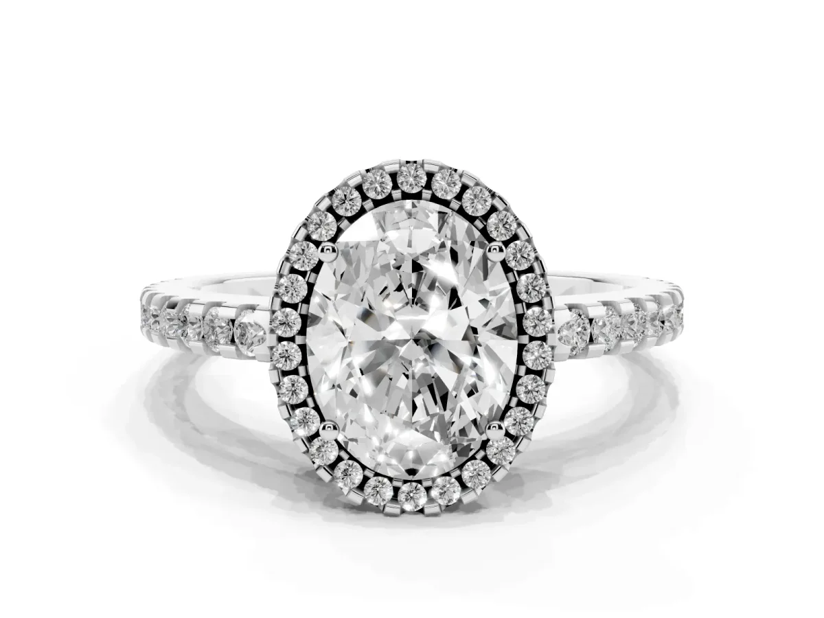 Oval Cut Diamond Halo Engagement Ring with Pavé Band and Prong Setting Platinum