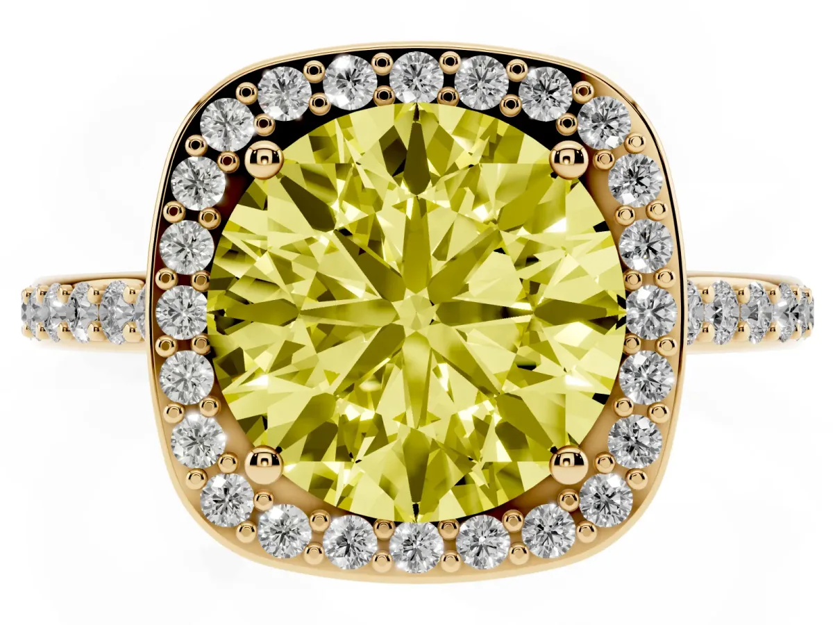 Fancy Yellow Round Cut Diamond Halo Engagement Ring with Round Pavé Shoulders and Prong Setting Yellow gold
