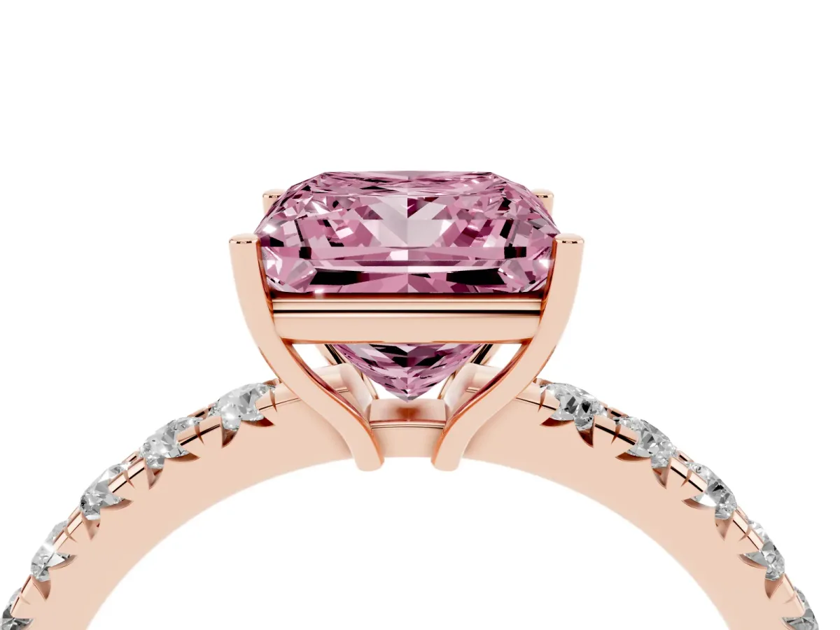 Fancy Pink Princess Cut Diamond Pavé Solitaire Engagement Ring with Four-Prong Setting Rose gold