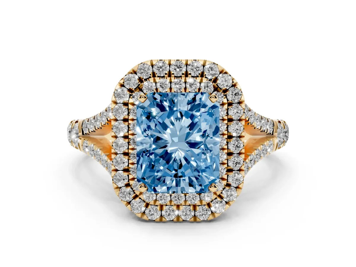 Fancy Blue Radiant Cut Cut Double Halo Split Shank Diamond Ring with Prong Setting Yellow gold