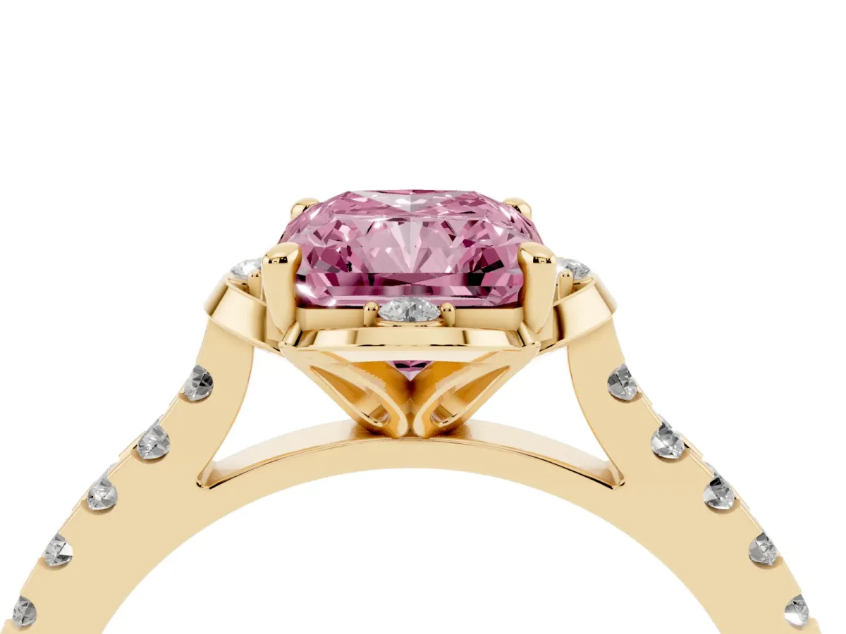 Fancy Pink Radiant Cut Diamond Ring with Pavé Band and Floral Prong Setting Yellow gold