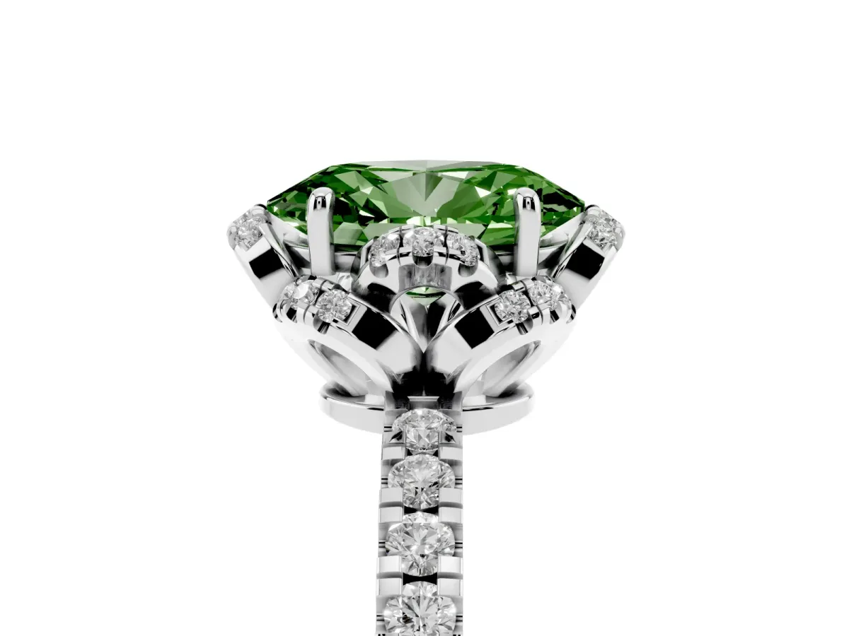 Fancy Green Oval Cut Diamond Halo Pave Band with Four-Prong Setting Platinum