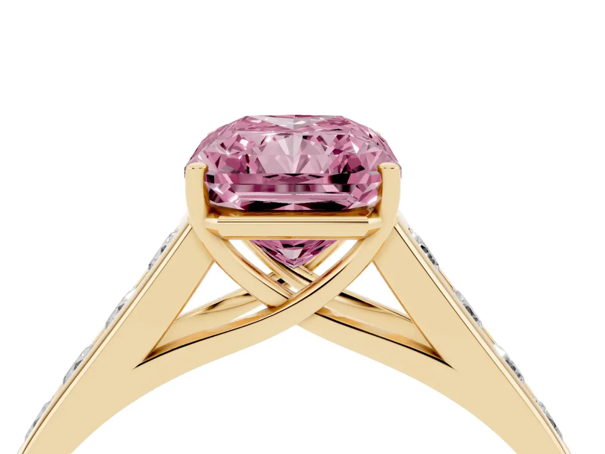 Fancy Pink Radiant Cut Brilliant Channel-Set Solitaire Ring with Four-Prong Setting Yellow gold