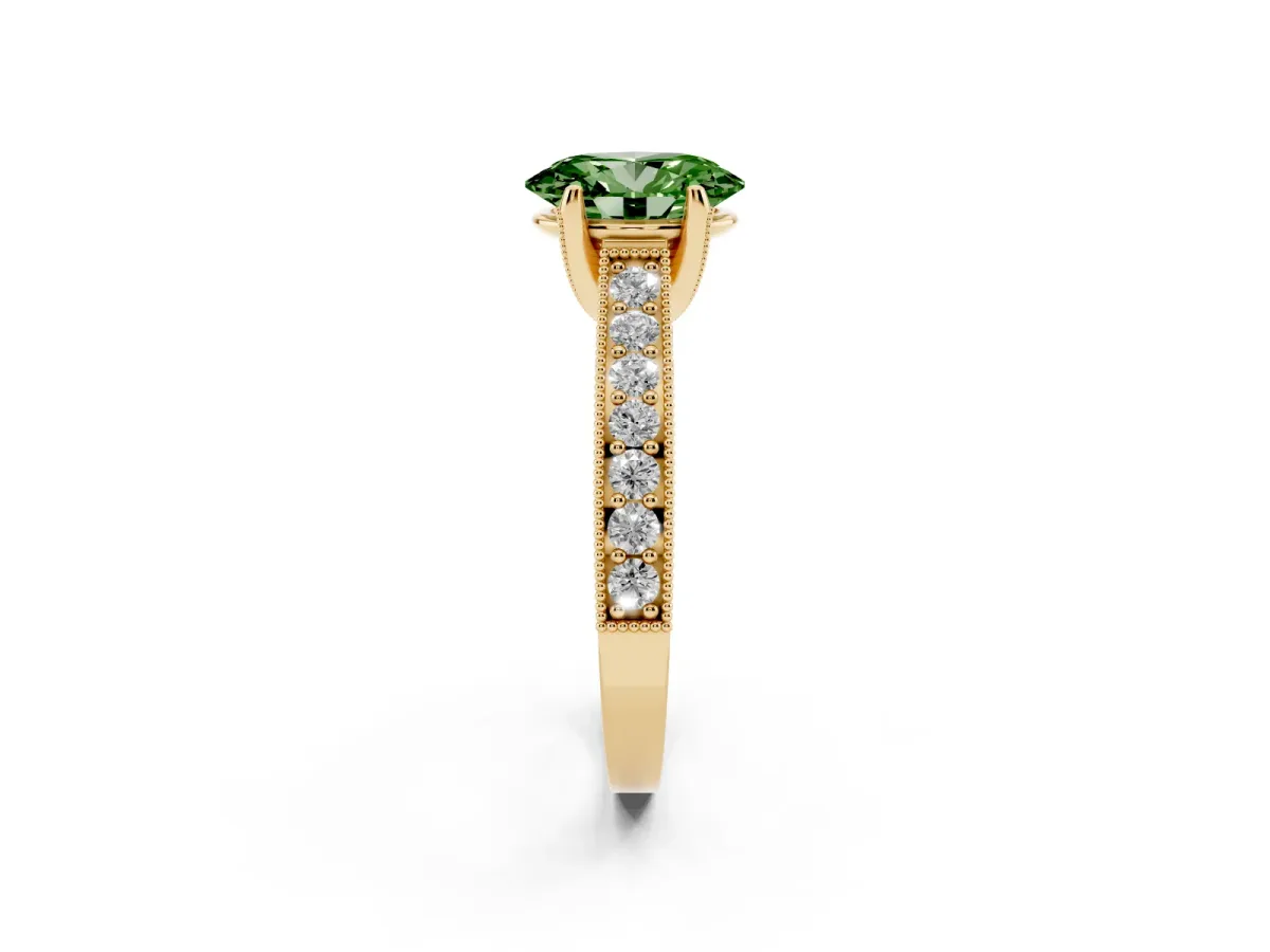 Fancy Green Oval Cut Cut Diamond Solitaire Ring with Milgrain Pave Band and Four Prong Setting Yellow gold