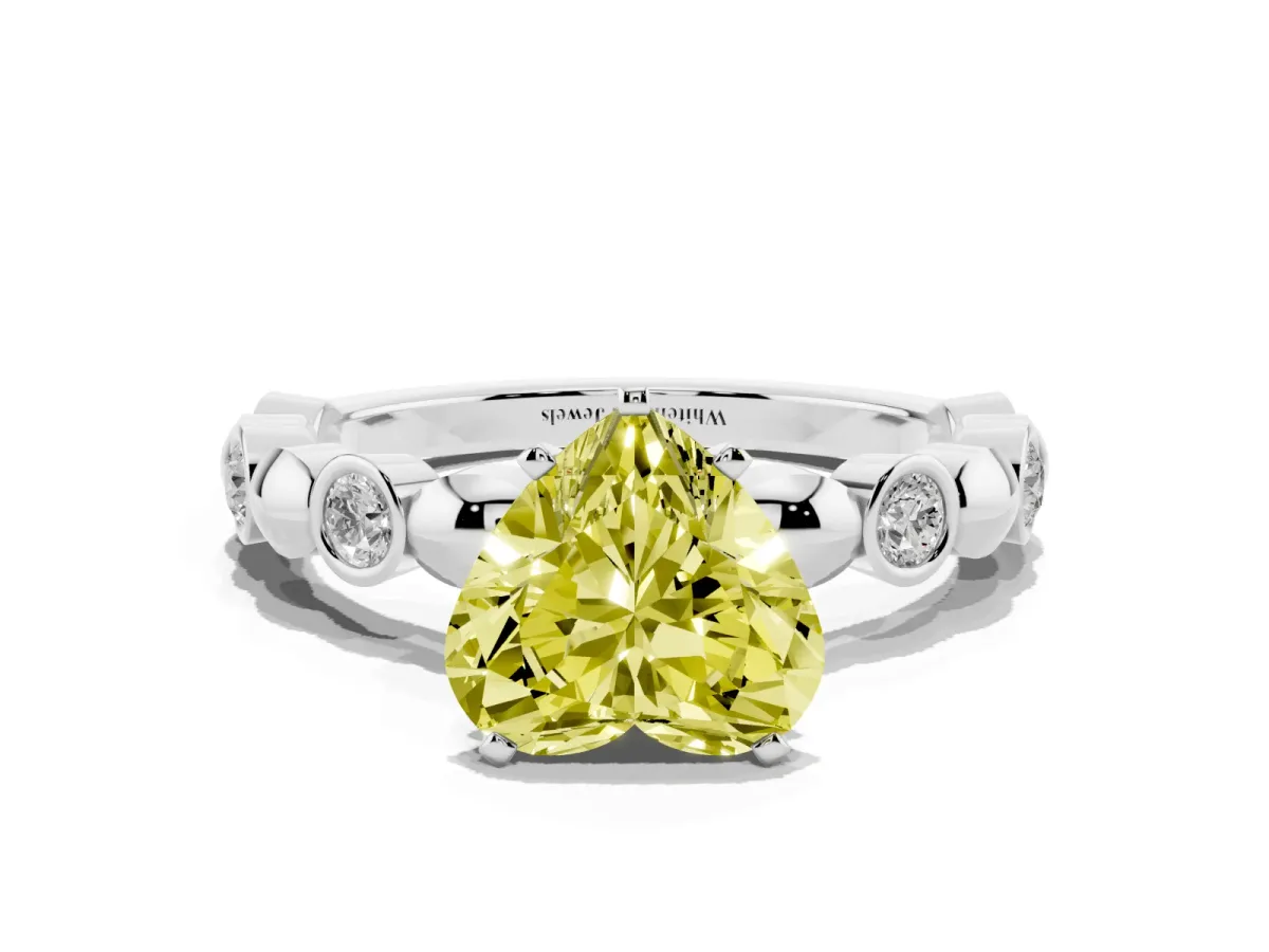 Fancy Yellow Heart Cut Solitaire Bezel-Set Diamond Ring with Beaded Band and Four-Prong Setting Silver