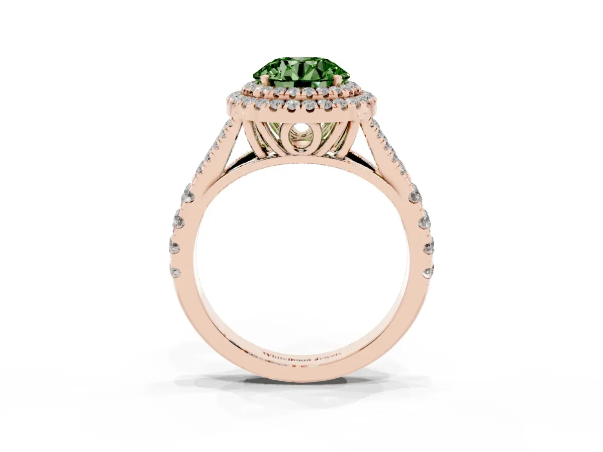 Fancy Green Round Cut Diamond Pavé Split Shank Double Halo Engagement Ring Rose gold