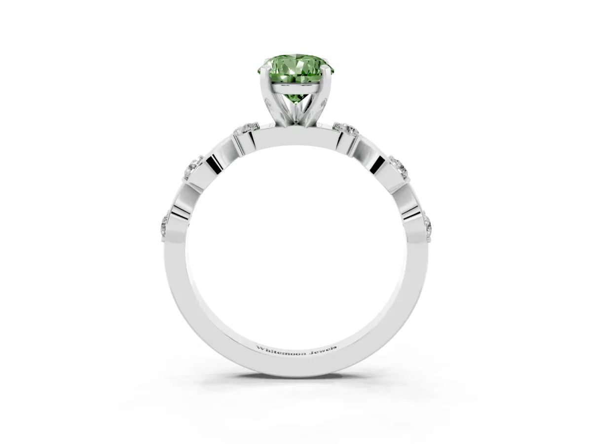 Fancy Green Pear Cut Diamond Solitaire Twisted Band with Round Accents and Prong Setting Platinum