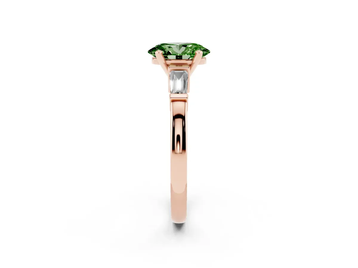 Fancy Green Oval Cut Cut Diamond Solitaire Ring with Tapered Baguette Accents and Four-Prong Setting Rose gold