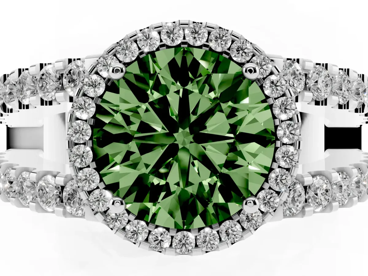 Fancy Green Round Cut Cut Halo Split Shank Diamond Ring with Four-Prong Setting Platinum