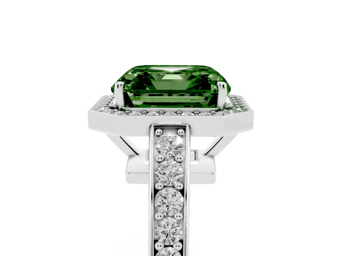 Fancy Green Asscher Cut Halo Pavé Diamond Engagement Ring with Bezel Setting Platinum
