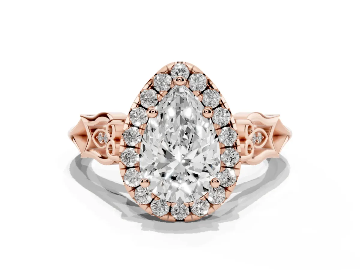 Pear Cut Halo Diamond Engagement Ring with Filigree Band and Four-Prong Setting Rose gold