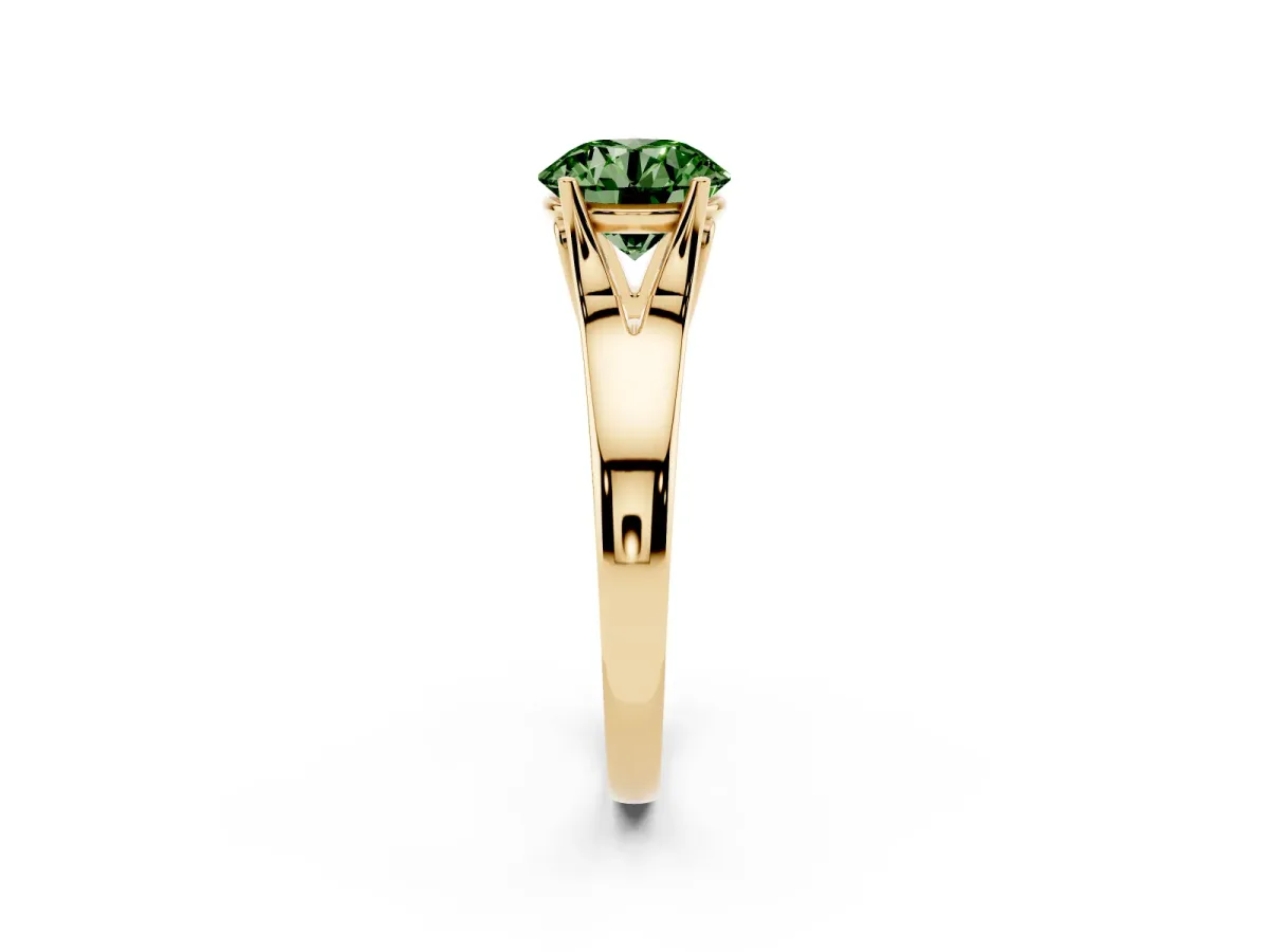Fancy Green Round Cut Solitaire Diamond Ring with Cathedral Band and Four-Prong Setting Yellow gold