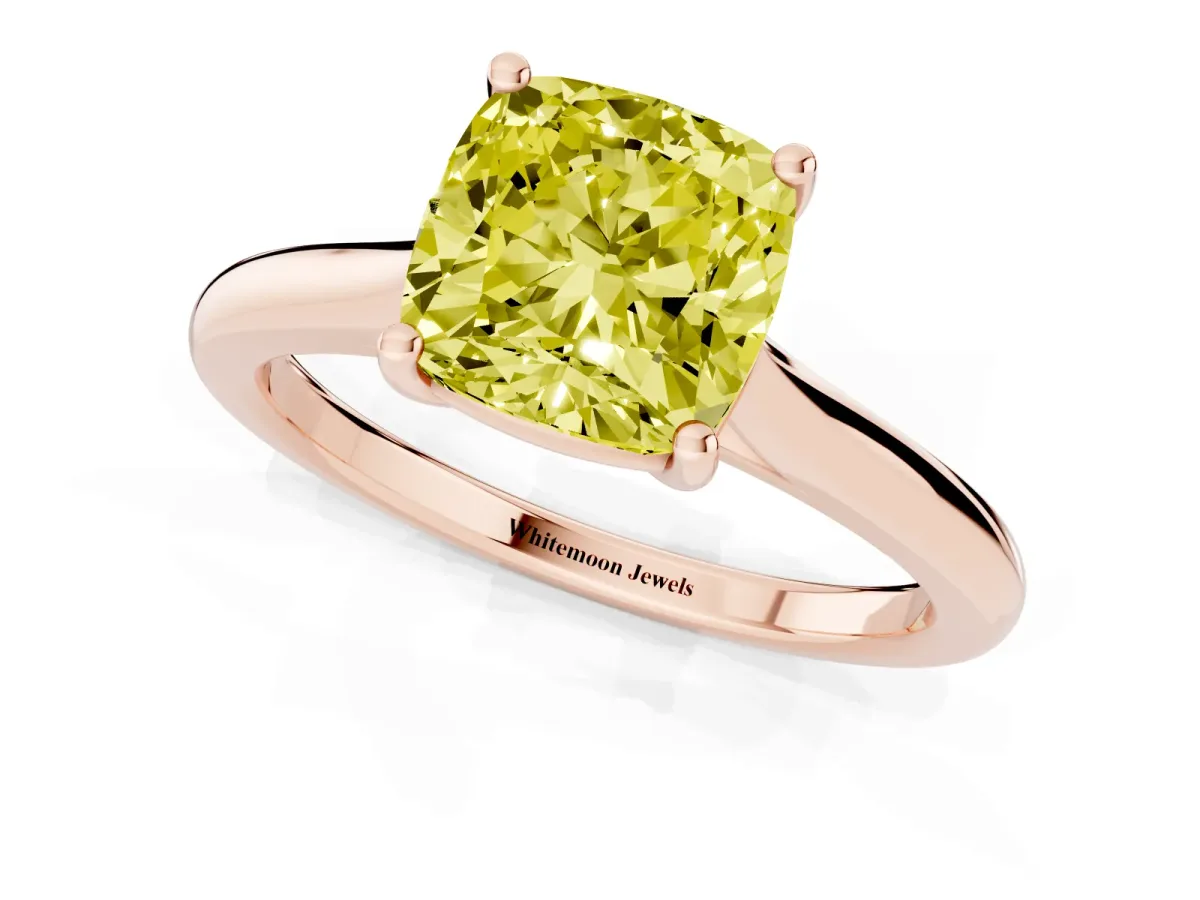 Fancy Yellow Cushion Cut Cut Solitaire Ring with Cathedral Band and Four-Prong Setting Rose gold