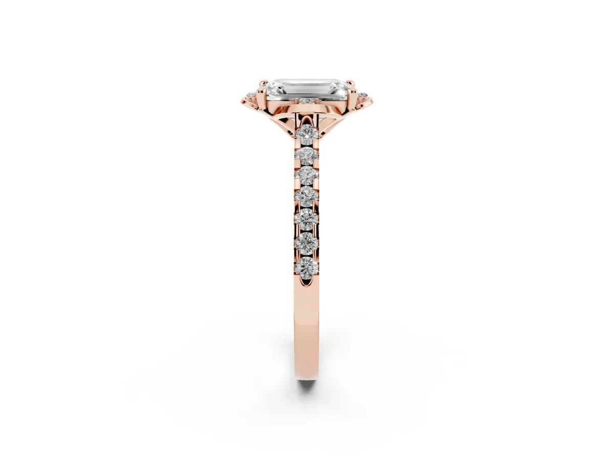 Emerald Cut Diamond Ring with Pavé Band and Floral Prong Setting Rose gold