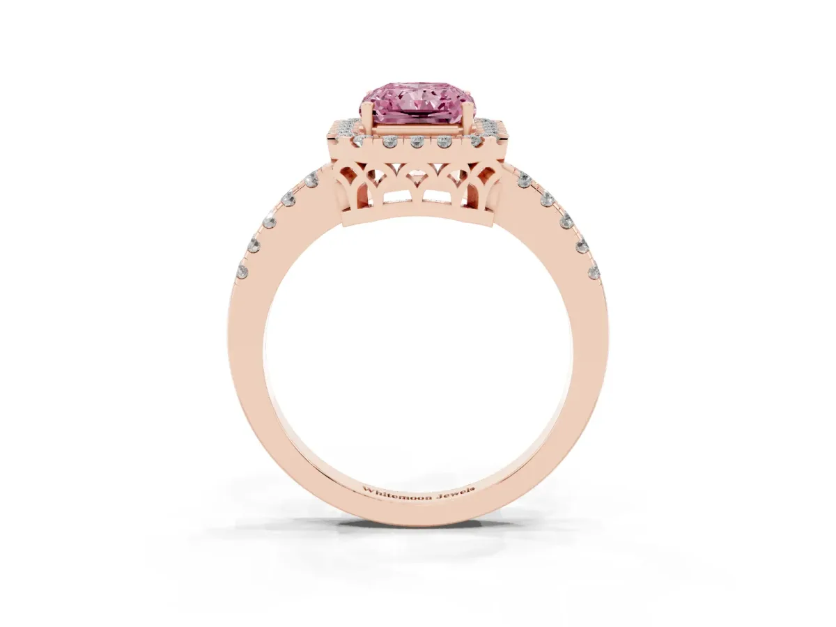 Fancy Pink Radiant Cut Halo Diamond Engagement Ring with Pavé Band and Four-Prong Setting Rose gold