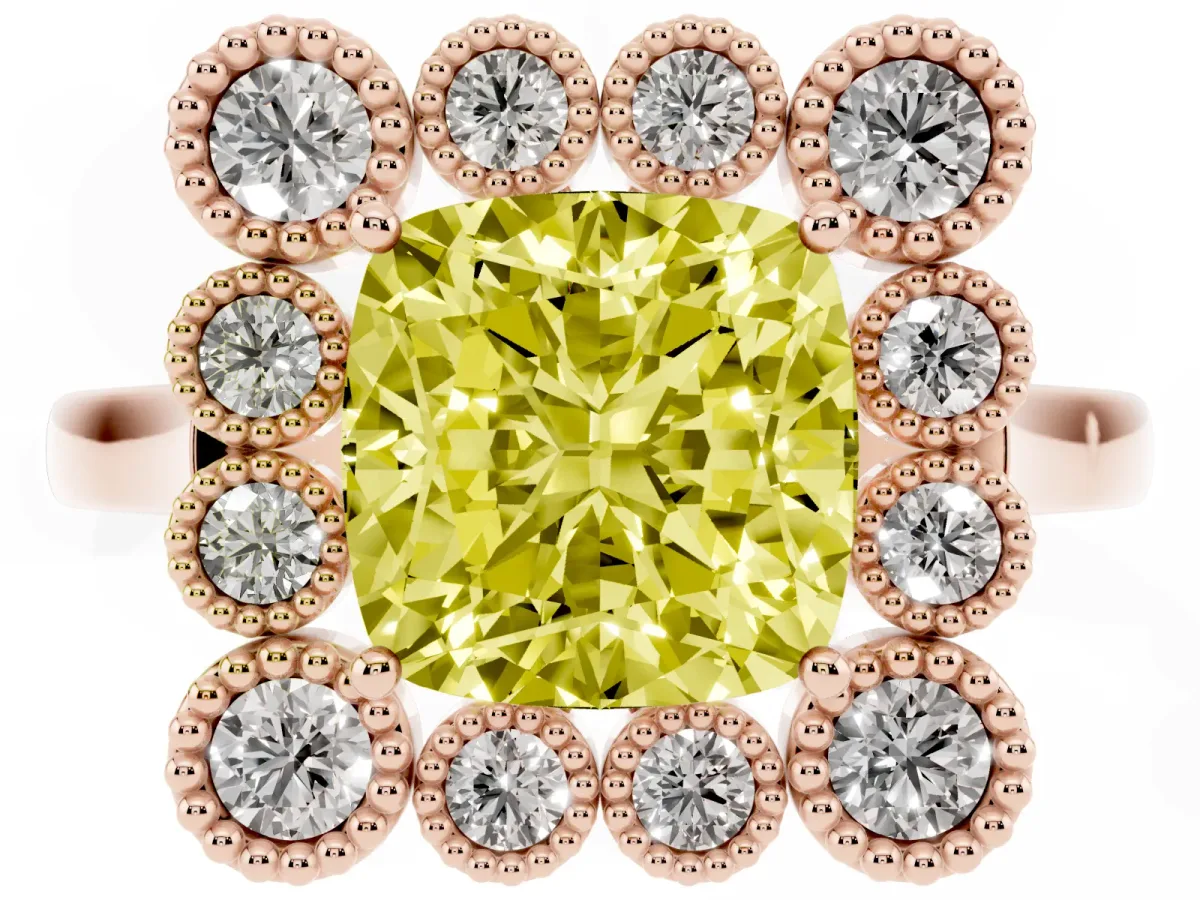 Fancy Yellow Cushion Cut Halo Diamond Cluster Engagement Ring with Milgrain Bezel Setting and Solitaire Band Rose gold