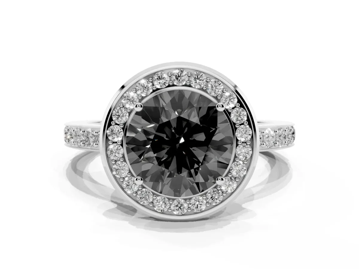 Fancy Black Round Cut Diamond Halo Ring with Bezel Frame and Pavé Band Silver