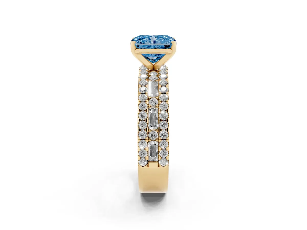 Fancy Blue Radiant Cut Diamond Solitaire Ring with Pavé and Channel Set Band Yellow gold