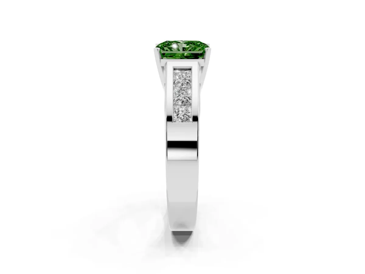 Fancy Green Radiant Cut Cut Channel Set Solitaire Ring with Four-Prong Setting Silver