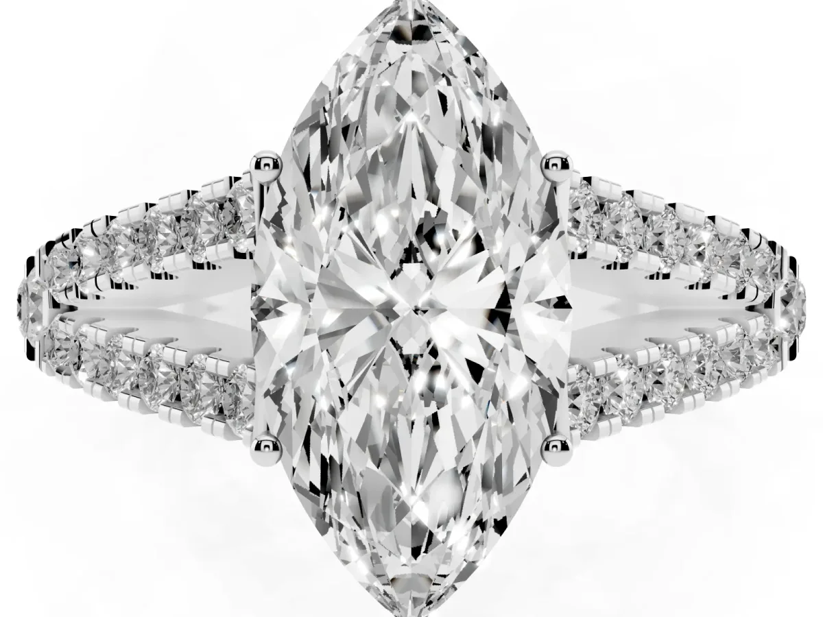 Marquise Cut Diamond Split Shank Pavé Engagement Ring with Four-Prong Setting White gold