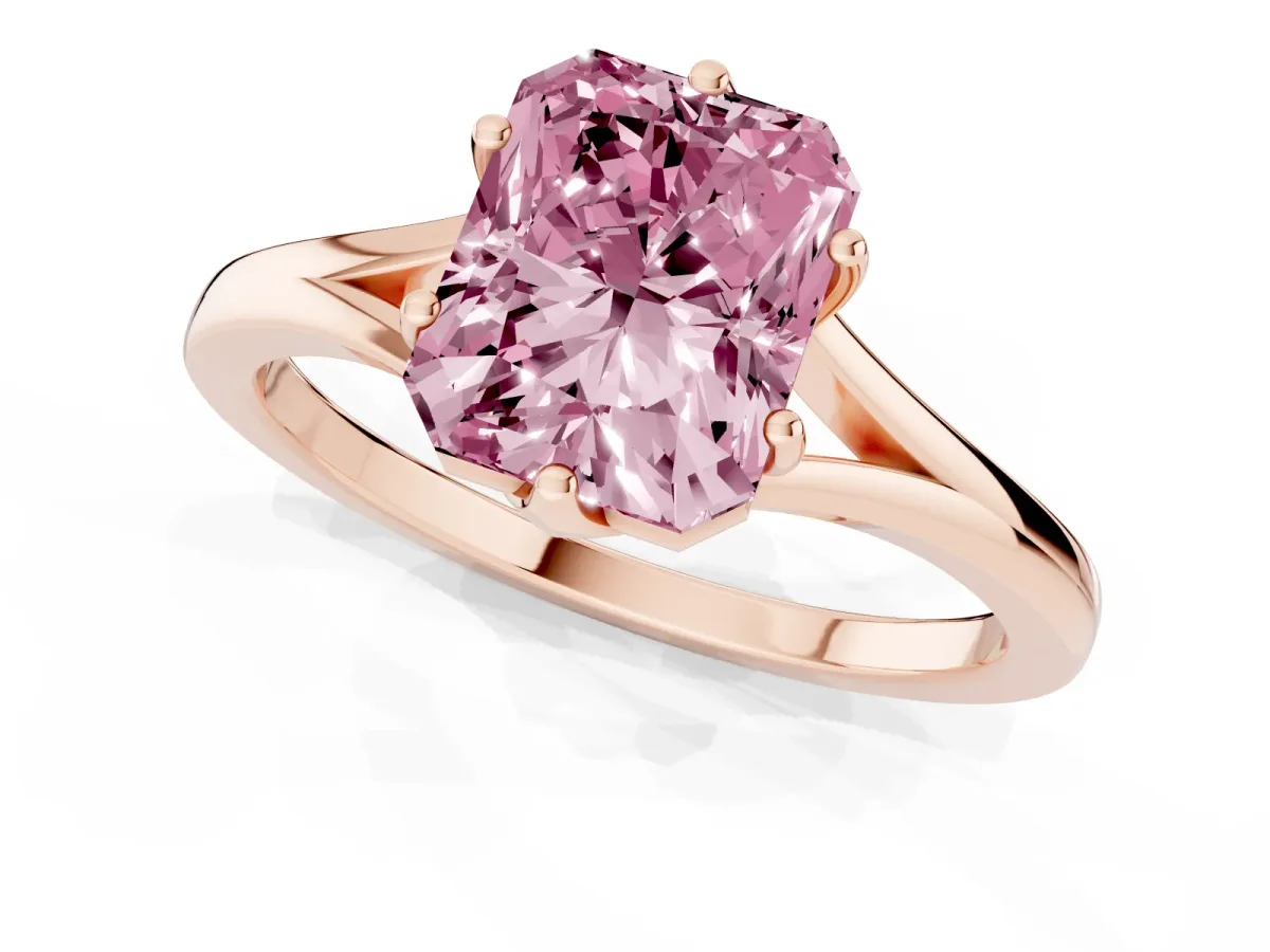 Fancy Pink Radiant Cut Solitaire Diamond Ring with Six-Prong Setting and Tapered Band Rose gold