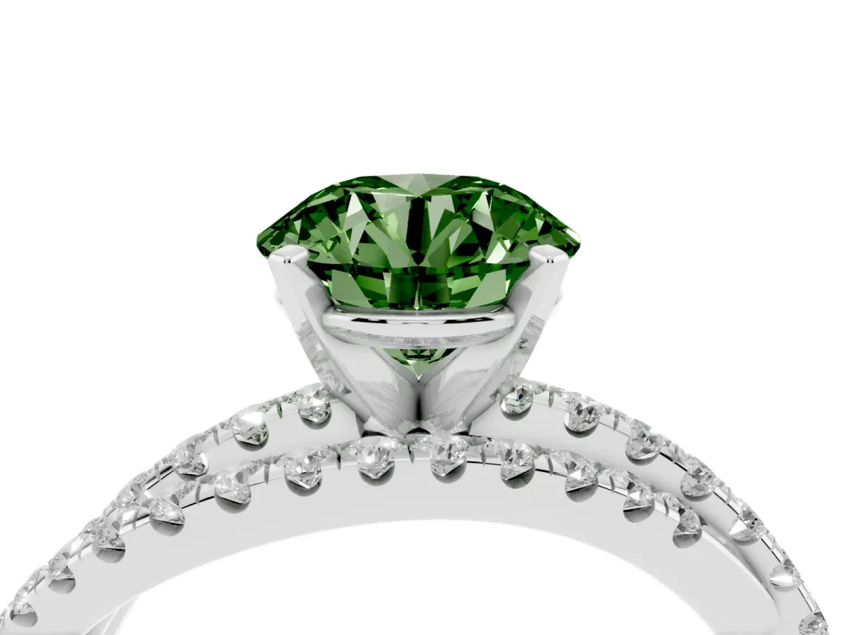 Fancy Green Round Cut Solitaire Twist Band with Pavé Setting and Four-Prong Setting Silver