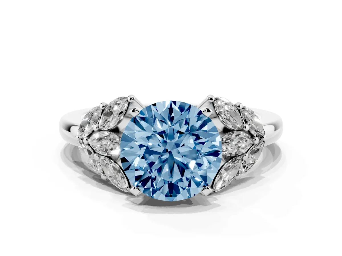 Fancy Blue Round Cut Diamond Cluster Leaf Design Ring with Prong Setting Silver