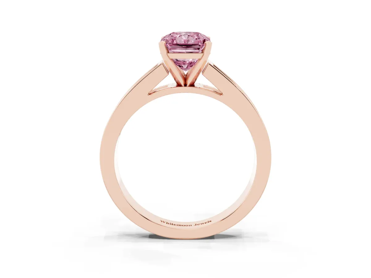Fancy Pink Radiant Cut Solitaire Diamond Ring with Channel-Set Band and Four-Prong Setting Rose gold