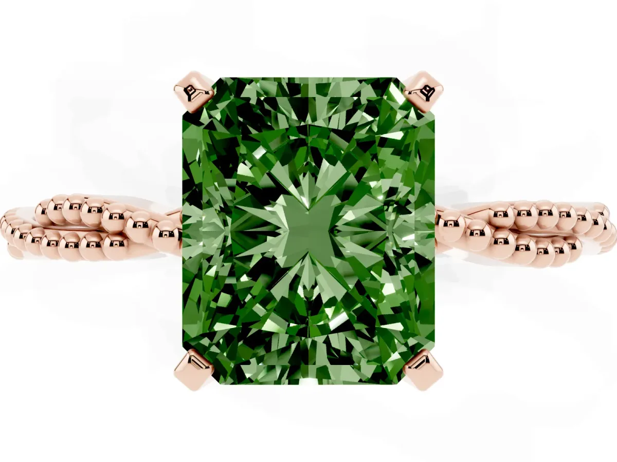 Fancy Green Radiant Cut Solitaire Twisted Band with Bead Prong Setting Rose gold