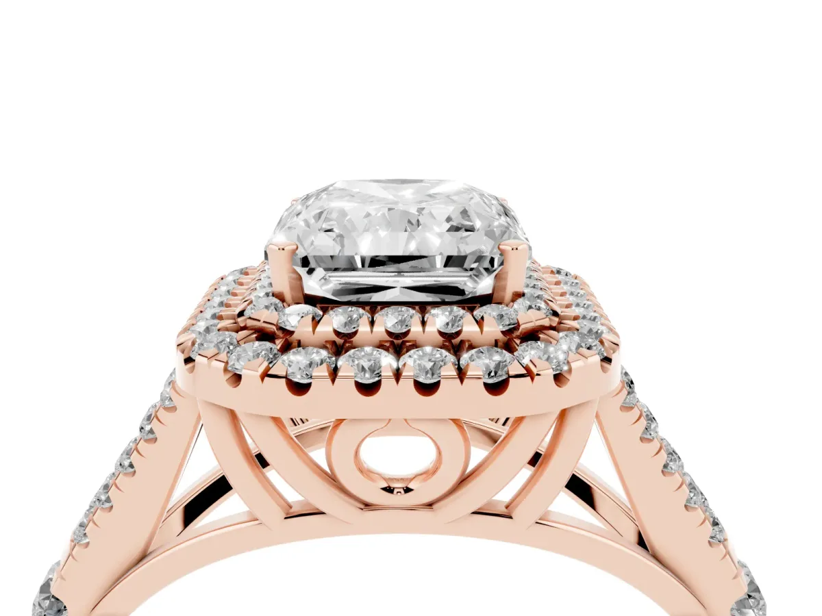 Radiant Cut Diamond Double Halo Ring with Split Shank and Prong Setting Rose gold