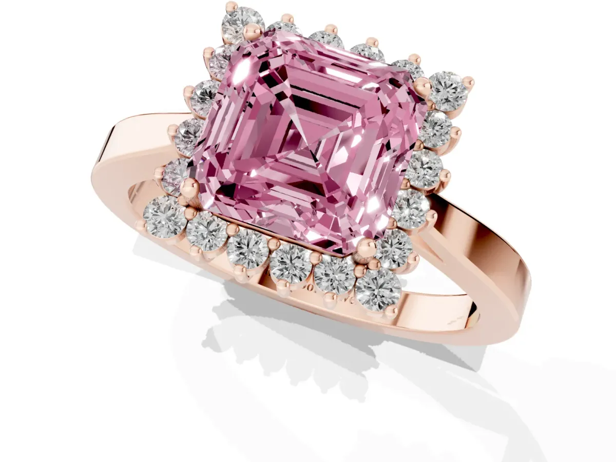 Fancy Pink Asscher Cut Cut Diamond Halo Ring with Round Brilliant Halo and Solitaire Band Rose gold