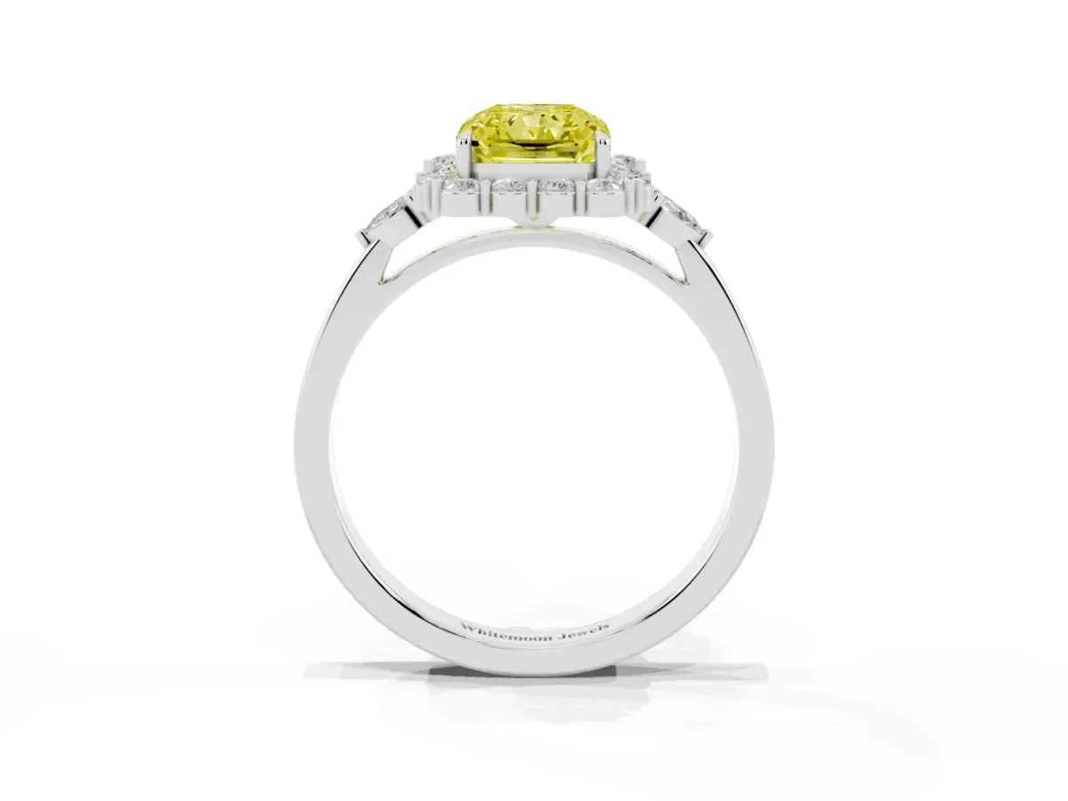 Fancy Yellow Radiant Cut Diamond Halo Ring with Pear Side Stones and Prong Setting Silver