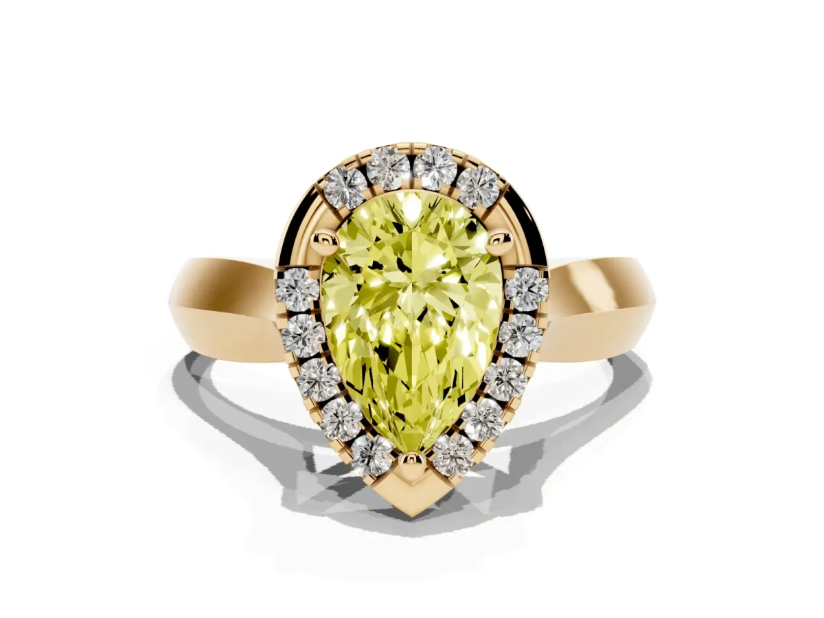 Fancy Yellow Pear Cut Cut Halo Solitaire Engagement Ring with Square Band and Four-Prong Setting Yellow gold