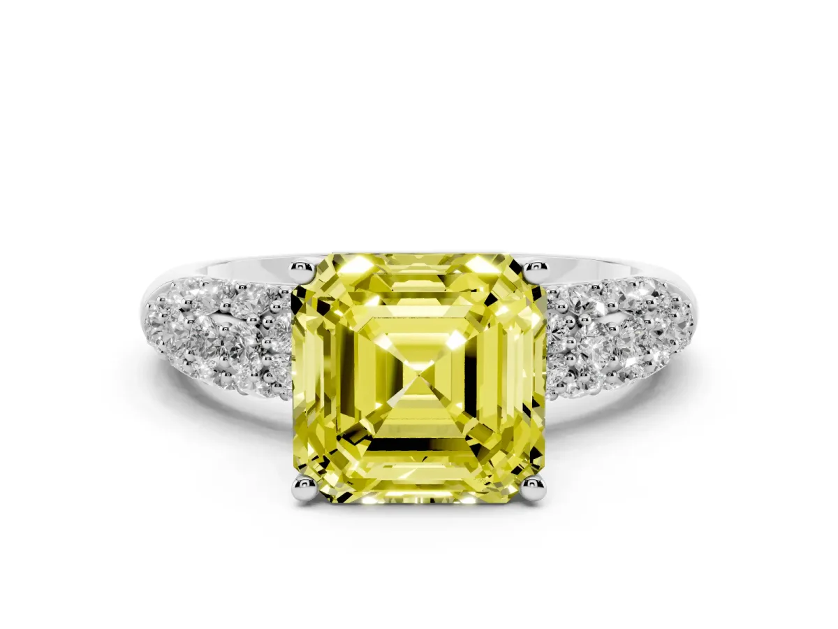 Fancy Yellow Asscher Cut Diamond Pavé Band Solitaire Ring with Four-Prong Setting Platinum
