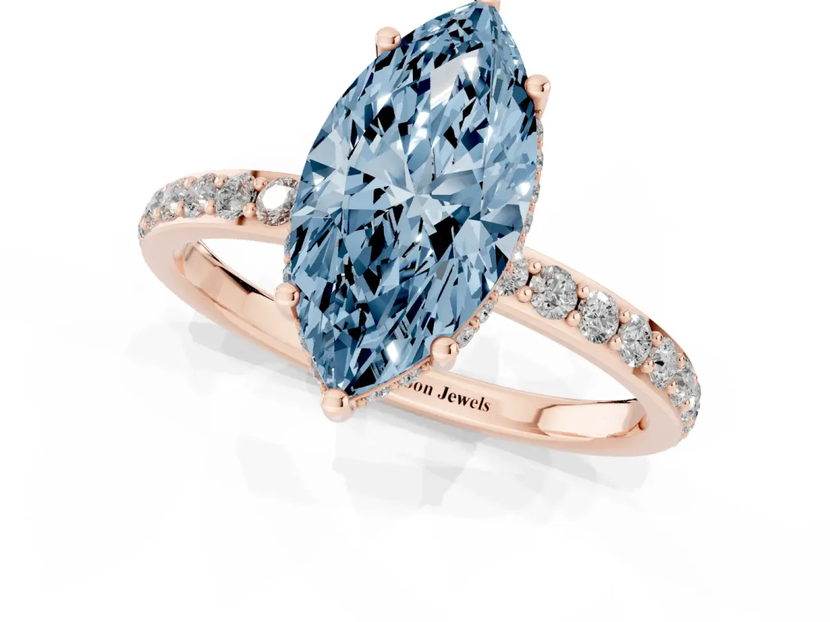 Fancy Blue Marquise Cut Diamond Solitaire Ring with Pavé Band and Hidden Halo Rose gold