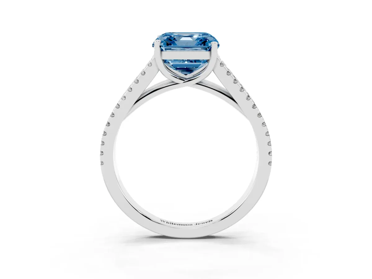 Fancy Blue Asscher Cut Diamond Solitaire Engagement Ring with Split Shank Pavé Band Platinum