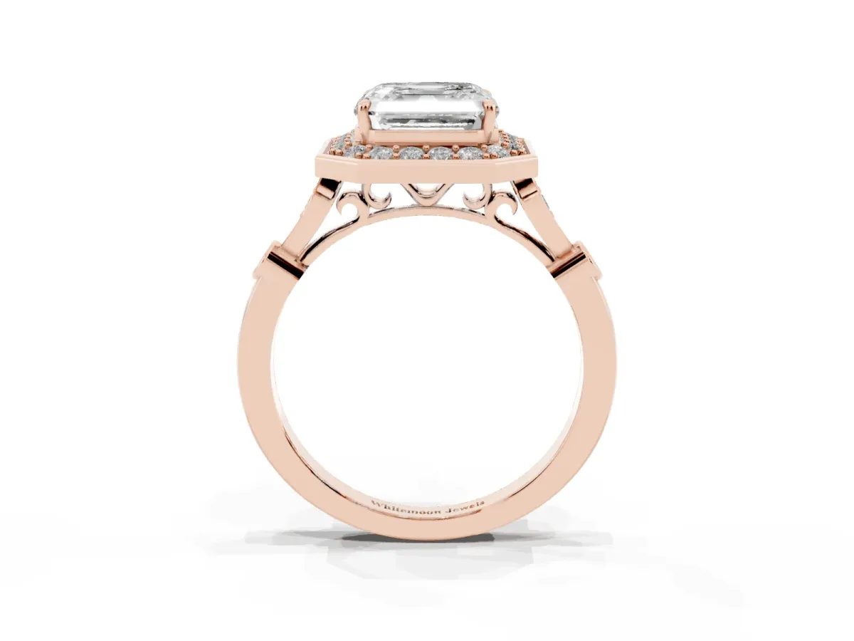 Asscher Cut Halo Diamond Engagement Ring with Twisted Band and Four-Prong Setting Rose gold