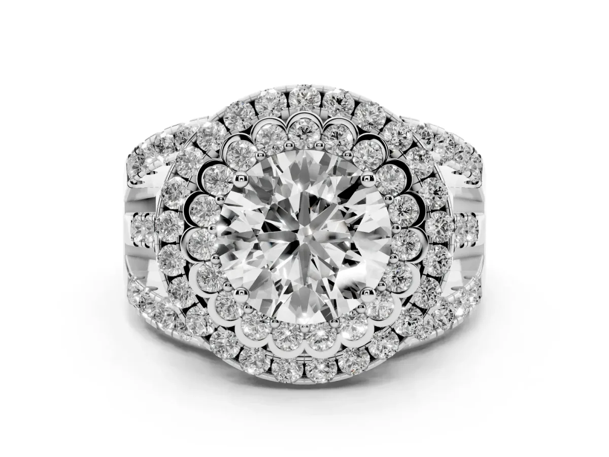 Round Cut Diamond Double Halo Ring with Round Pavé Split Shank and Prong Setting Silver