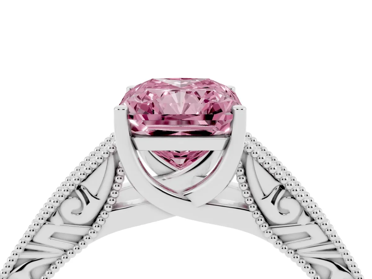 Fancy Pink Radiant Cut Diamond Solitaire Ring with Engraved Band and Four-Prong Setting White gold