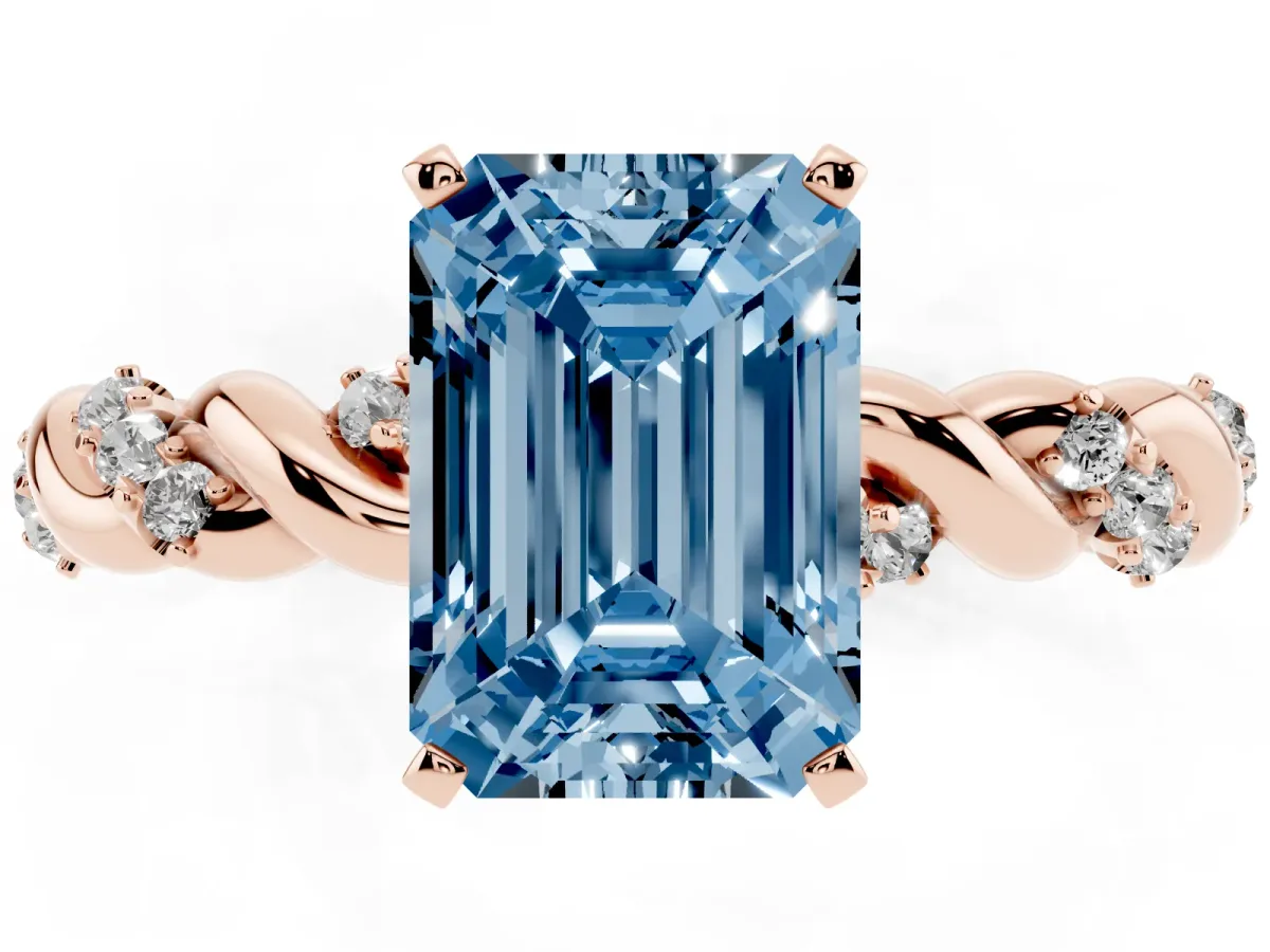 Fancy Blue Emerald Cut Diamond Solitaire Ring with Twisted Band and Pavé Accents Rose gold