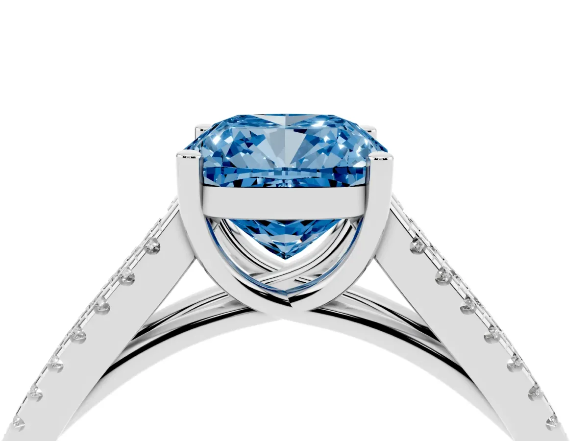Fancy Blue Cushion Cut Diamond Solitaire Engagement Ring with Split Shank Pavé Band Platinum